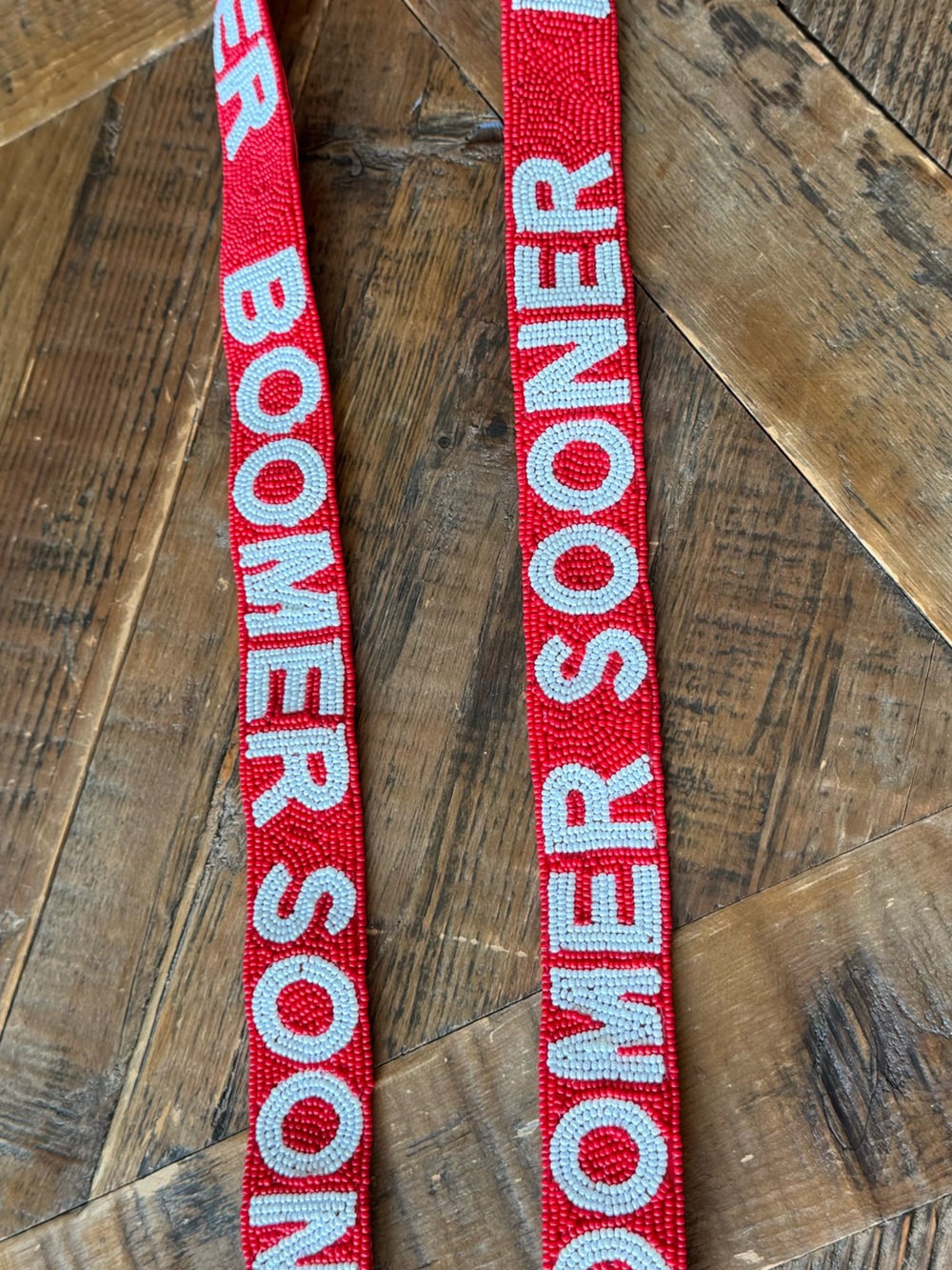 OU “Boomer Sooner” Red Beaded Statement Purse Strap with gold clips